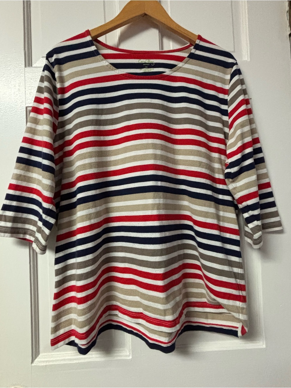 Coral Bay Striped 3/4 Sleeve Crewneck Top Red, white, Navy Blue, Tan, Brown 1X